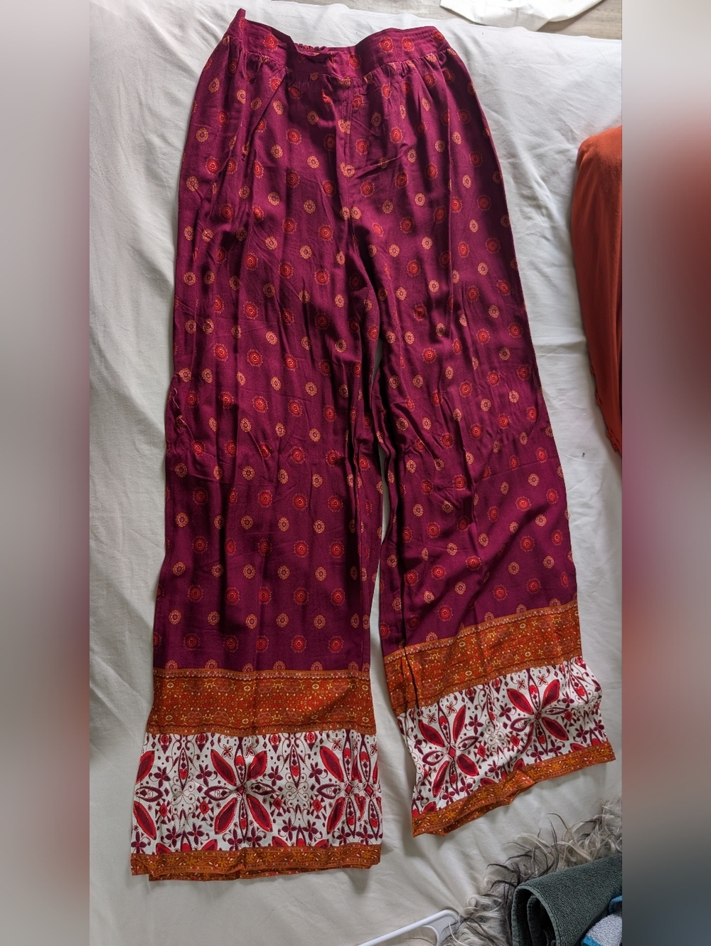 Bohemian Wide-Leg Printed Palazzo Pants - Burgundy & Orange